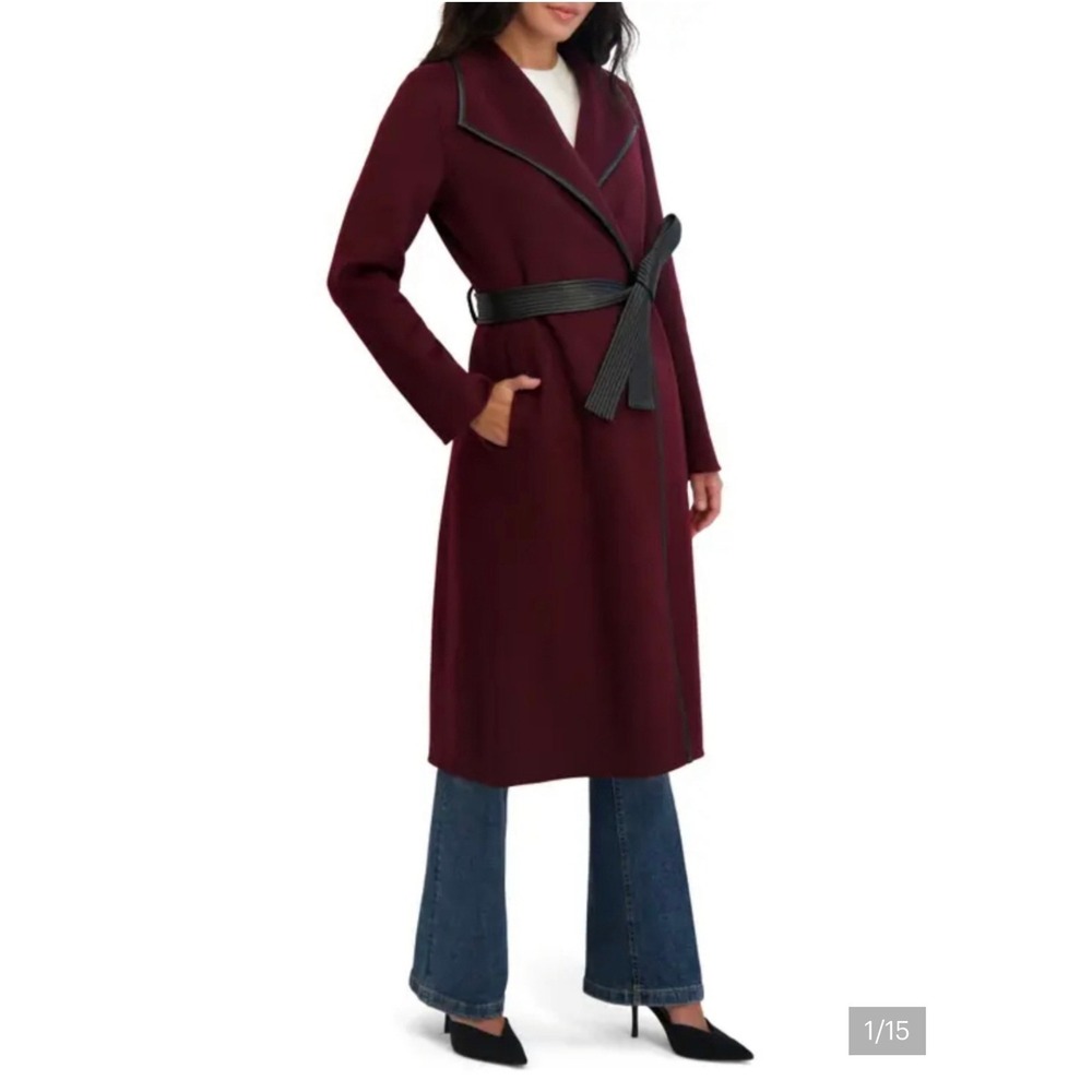 Tahari Burgundy Wool Blend Wrap Coat Faux Leather Trim Belted Longline‎ XS New